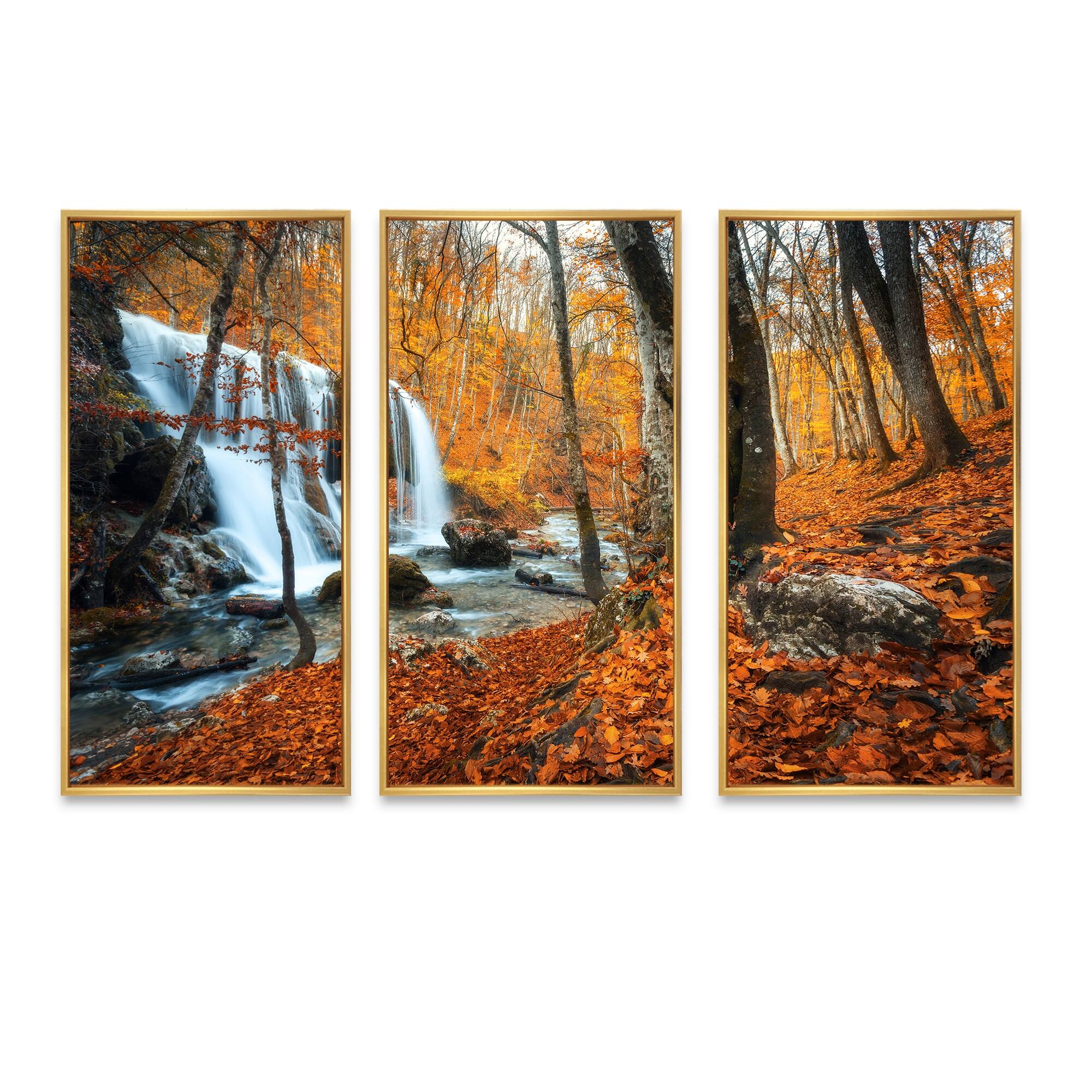 Designart "Autumn Mountain Waterfall Close View" Landscape Framed