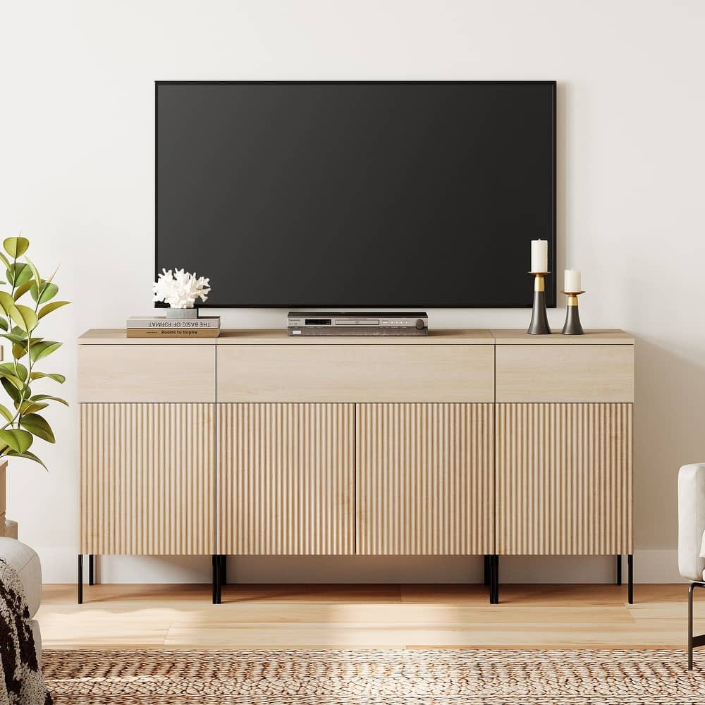 Modern Reeded Dresser TV Stand For Tvs Up To 75 Inch, Entertainment Center With Charging Station