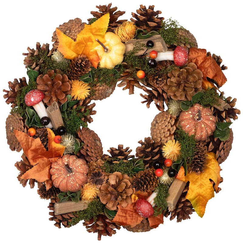 Pumpkins and Mushrooms Artificial Fall Harvest Wreath - 13" - Unlit