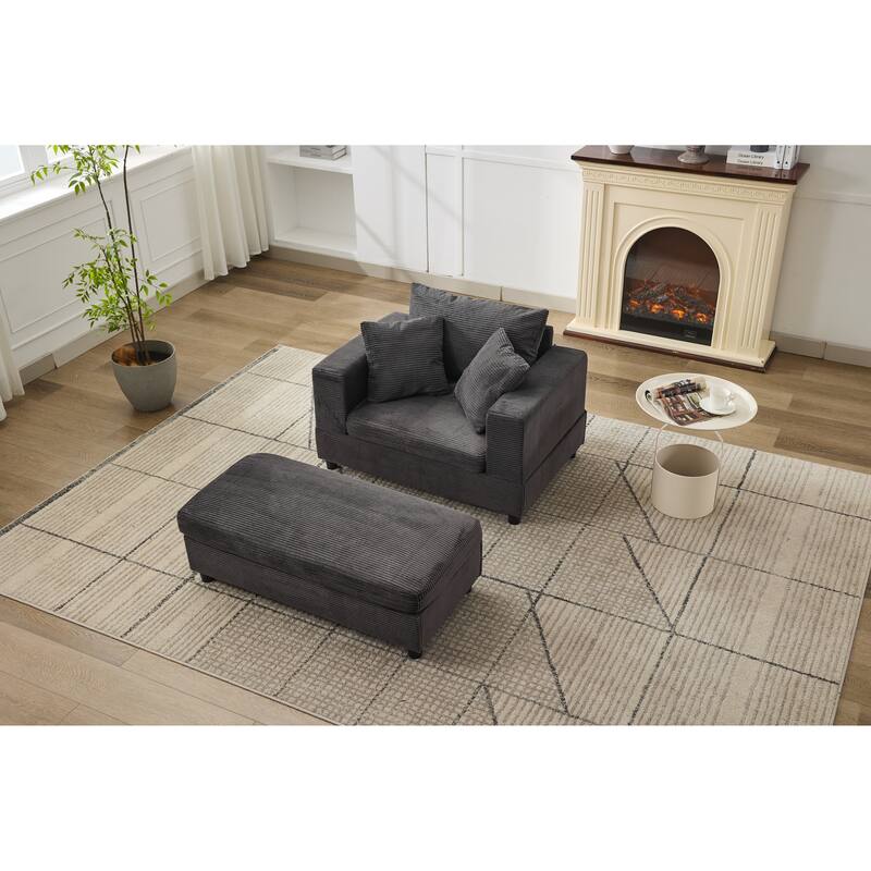 Chaise Lounge Chair with Removable Ottoman, Modern Accent Armchair Corduroy Sleeper Sofa Chair with Pillows for Living Room