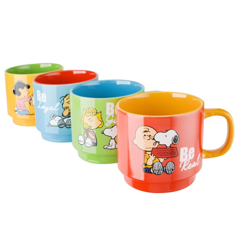 Peanuts 4 Pack 15 OZ Stackable Mugs with a Rack