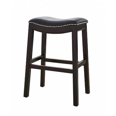 Linen Saddle Seat Bar Stool with Nail Head Trim and Footrest