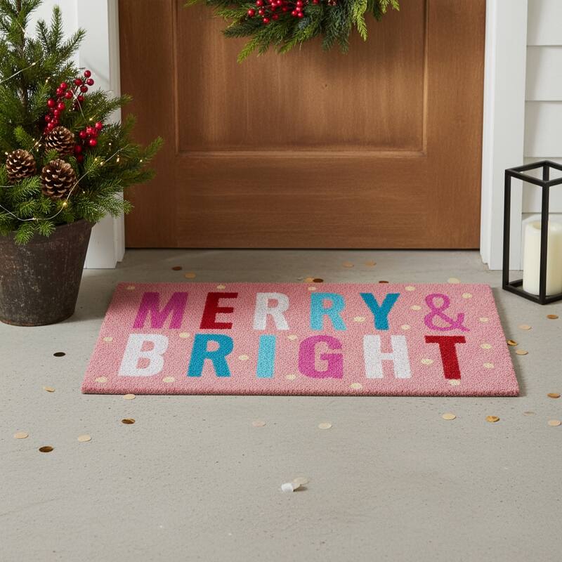 HomeRoots 17" X 29" Pink Blue And White Christmas Merry and Bright Outdoor Coir Door Mat - 17.00' X '29.00 - 17.00' X '29.00