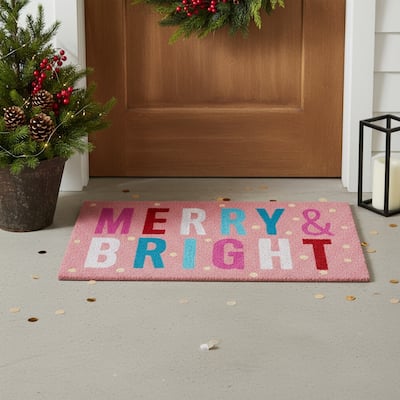 HomeRoots 17" X 29" Pink Blue And White Christmas Merry and Bright Outdoor Coir Door Mat - 17.00' X '29.00