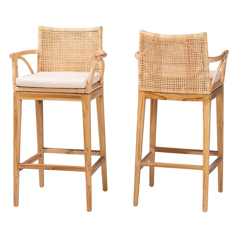 Storsel Bohemian Natural Rattan and Teak Wood 2-Piece Bar Stool Set - Brown