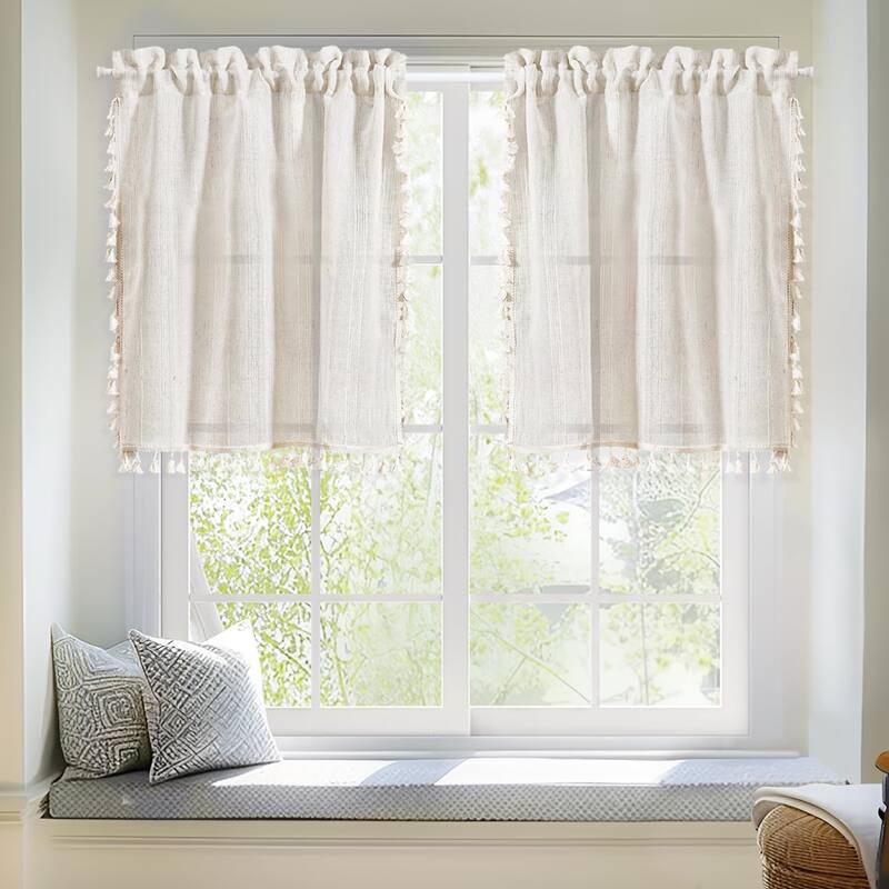 Boho Stripe Textured Linen Tier Cafe Curtains with Tassel for Kitchen