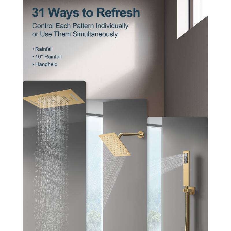 GRANDJOY Dual Shower Heads System with 3 Spray Modes 22"*15" Ceiling and 6" Wall Mount Body Jets Handheld Spray LED Music