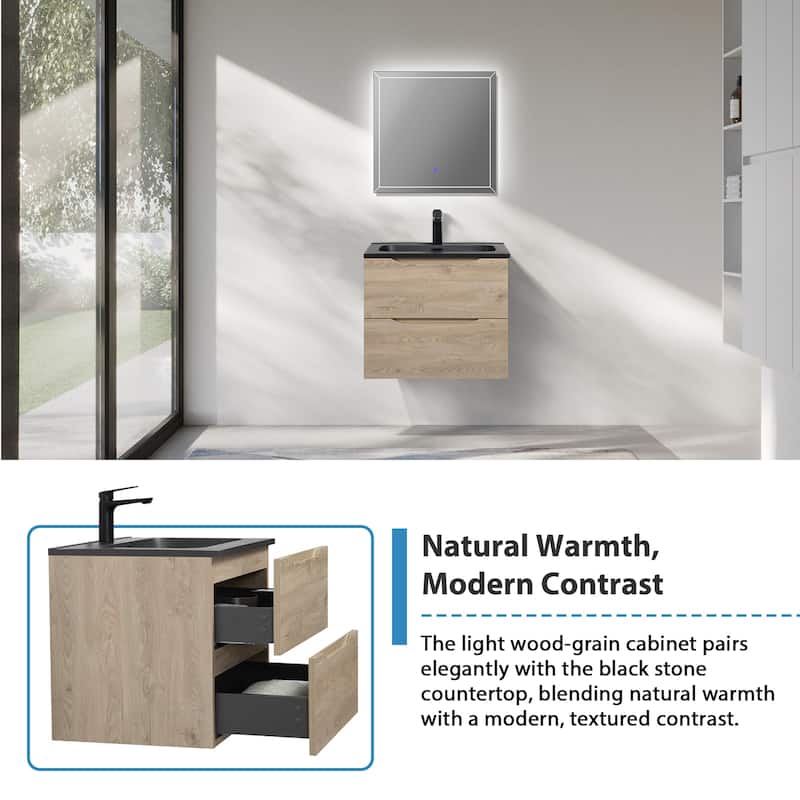 RupheonD 24"-48" Floating Bath Vanity in Evita Oak with Black Quartz Top