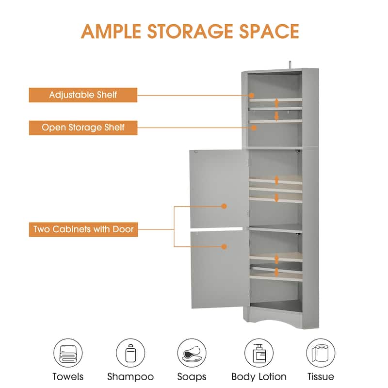 DFStudio - Tall Bathroom Corner Storage Cabinet with Adjustable Shelves, MDF
