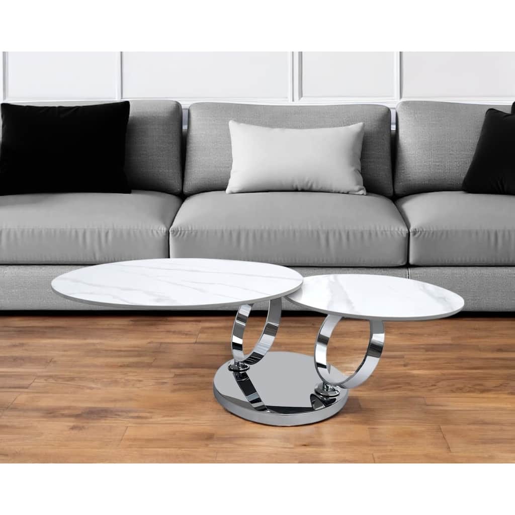 HomeRoots 32" White And Silver Ceramic Tile And Metal Round Abstract Coffee Table - 31.5' X '17' X '32