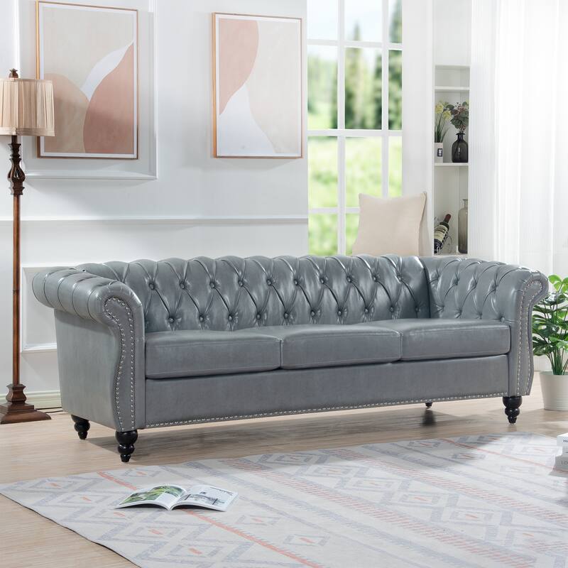 Chesterfield PU Leather 3 Seater Sofa, Upholstered Sofa with Rolled Armrests & Tufted Back, Lounge Sofa with Nailhead Trim - Grey