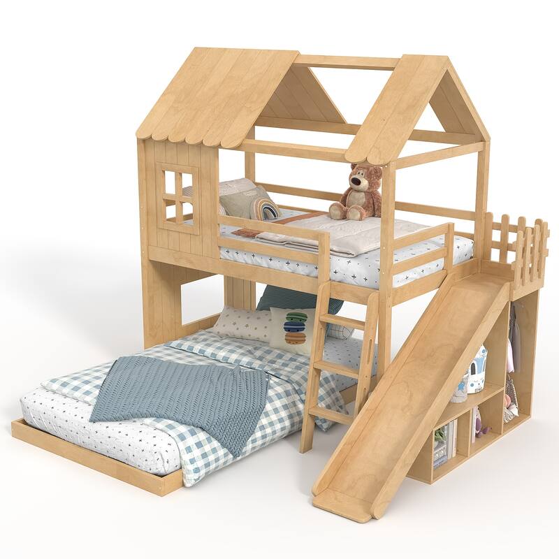 Twin over Full House Bunk Bed with Ladders and Slides, House Floor Bunk Bed with Storage Shelves and Wardrobe