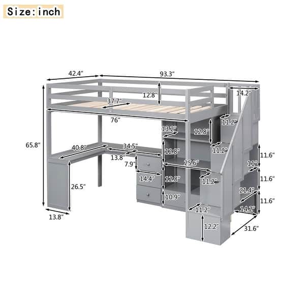 dimension image slide 2 of 4, Multifunctional Wood Twin Size Loft Bed with L-Shaped Desk and Storage Staircase, Loft Bed Frame with Cabinet and Drawers