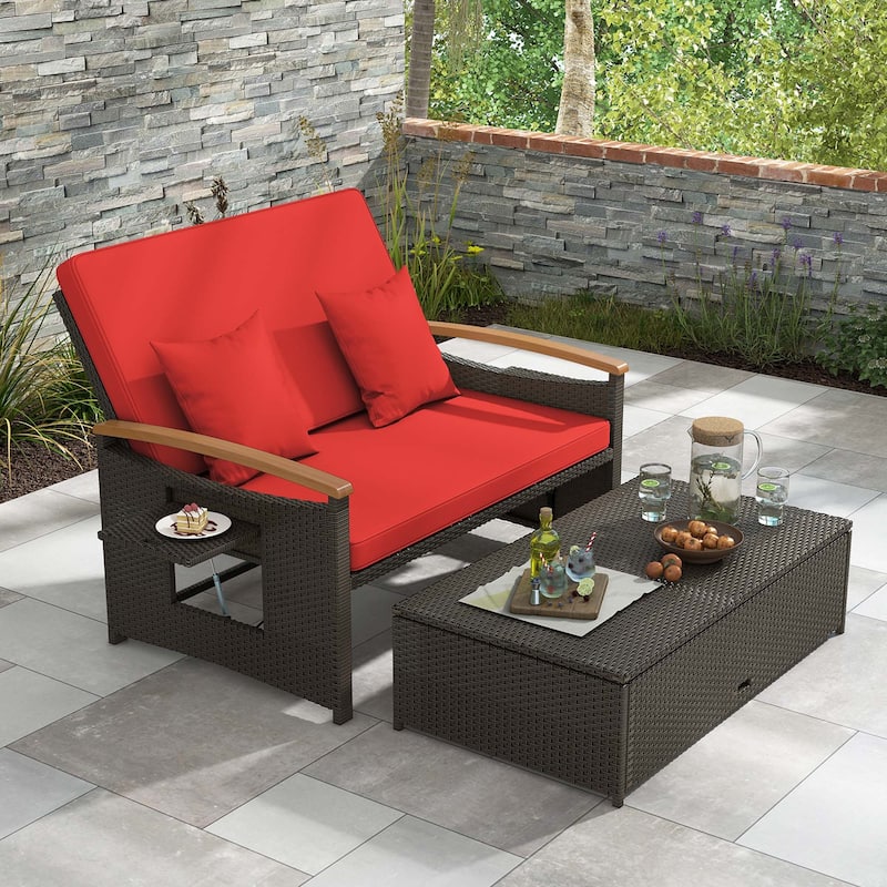 Costway Patio Rattan Daybed Set with Cushioned Loveseat & Storage - See Details