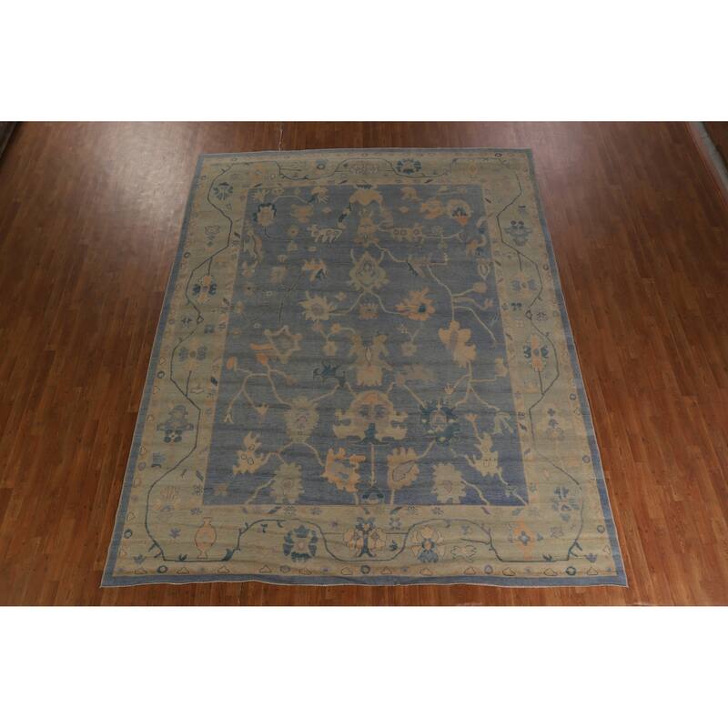 Hand Knotted Oriental 100% Wool Carpet Transitional All-Over Navy Blue & Blues Oushak Area Rug - 12' 0'' X 9' 5''