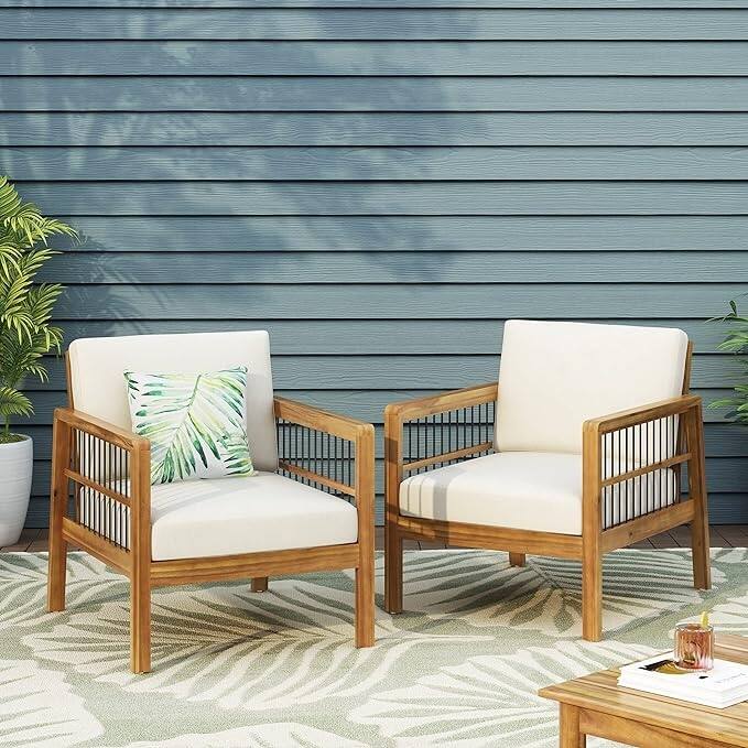 Set of 2, Acacia Wood Outdoor Club Chair, Deep Seating with Soft Cushion, Porch Chairs for Garden, Backyard Porch Balcony