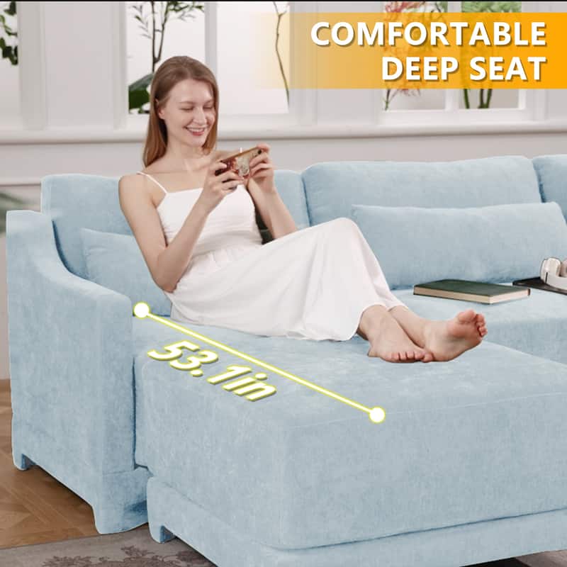 141.7" Chenille Modular 4-Seater Sofa with Movable Ottoman, High-Resilient Sponge, and Ergonomic Wooden Base