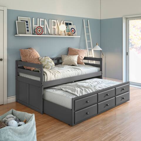 Darcie Pine Wood Captain Bed with 3 Drawers, Gray Finish