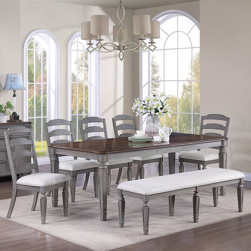Upholstered Dining Bench with Wooden Legs in Light Grey