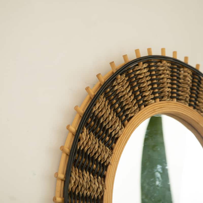 23" Echo Mirror, Bamboo Round Art Wall Mirror with Light Yellow and Black Hemp Ropes, Suitable for Bathroom, Bedroom