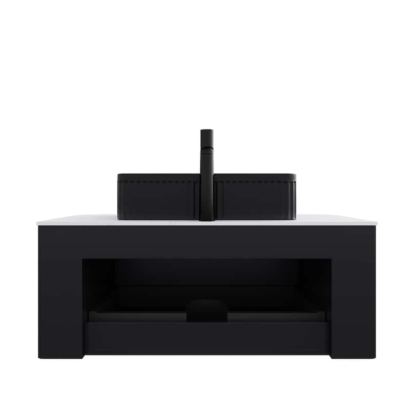 Wall-Mounted Floating Bathroom Vanity with Sink - Black,Carrara White