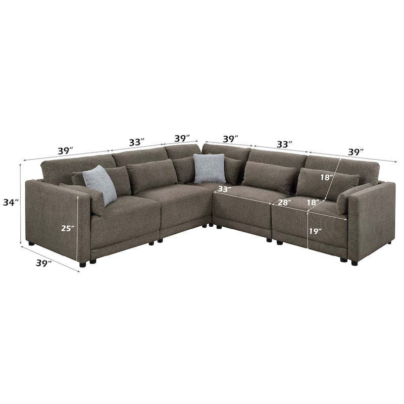 5Pcs Brown Linen Modular Sofa with Pillows, 39x111x34 inches, 281 lbs
