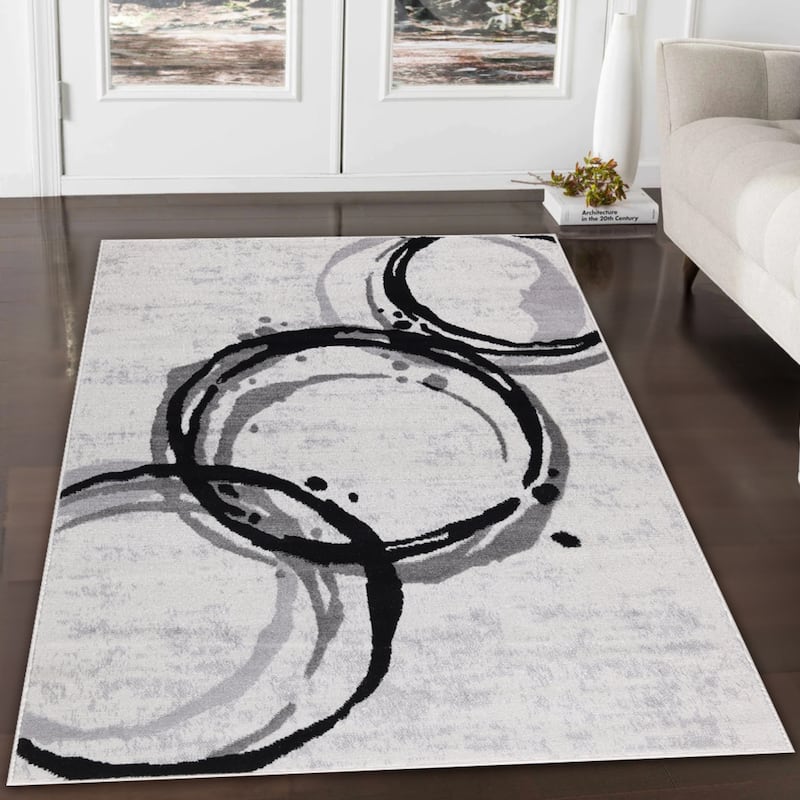 Dream Collection Abstract Circles Black and Grey Rug