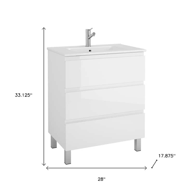 HomeRoots 28" White Wood Freestanding Bathroom Vanity With White Sink And Three Drawers - 28.00 in. x 33.12 in. x 17.88 in.