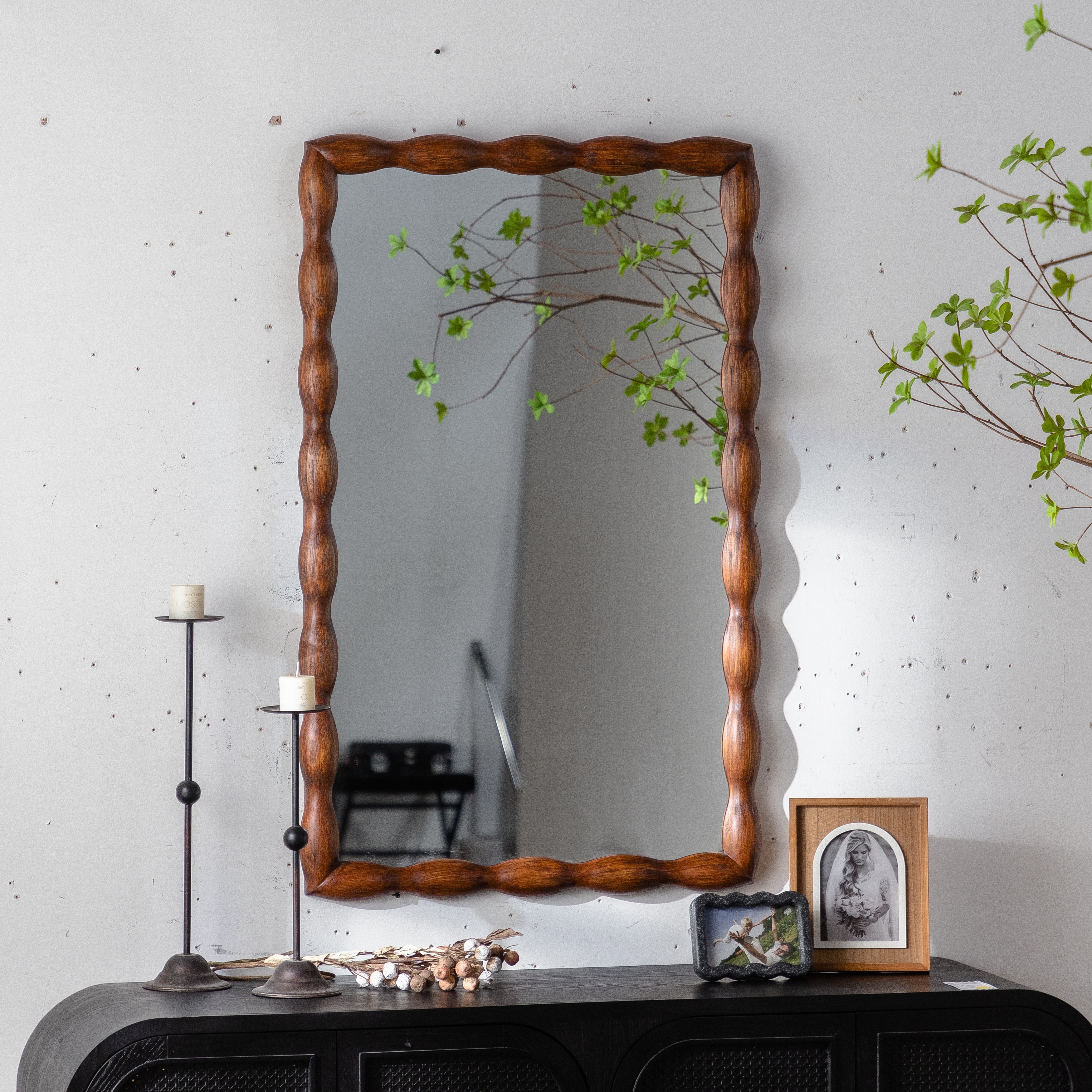 GDFStudio - Olivia Mid-Century Modern Wall-Mounted Mirror with Solid Wood Frame