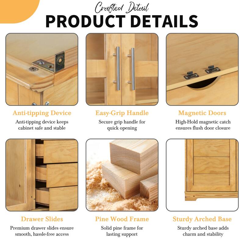 Kitchen Pantry Storage Cabinet, Freestanding Wood Cabinet Display Cabinet with Glass Doors, 4 Built-in Drawers & Shelves