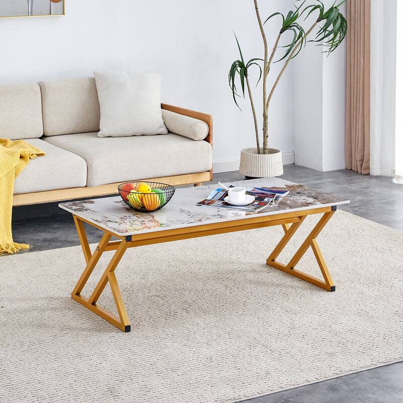 A Coffee Table Is Made Of Rock Slab Material,With A Natural And Smooth Marble Pattern On The Surface - Gold