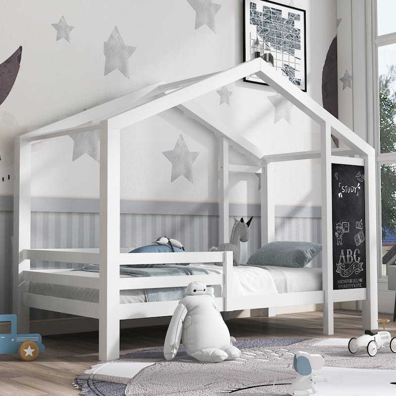 House Bed with Blackboard and Drawers, Two assembly options, White