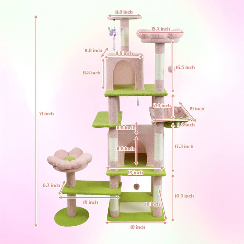71 inch flower cat tree with large condo removable flower cushion and hammock pink