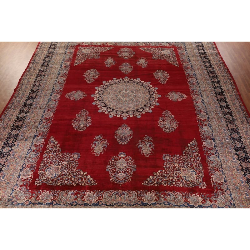 Pre-1900 Antique Kerman Ravar Persian Large Red Handmade Wool Carpet - 14'2"x 19'0"