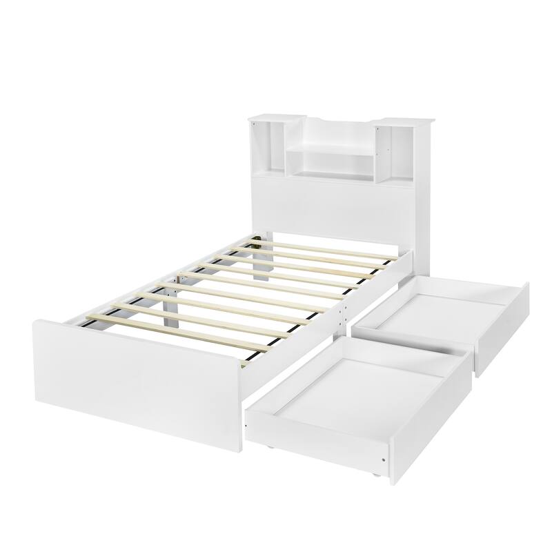 White Twin Bed Storage Frame with LED Bookcase Headboard, Wooden