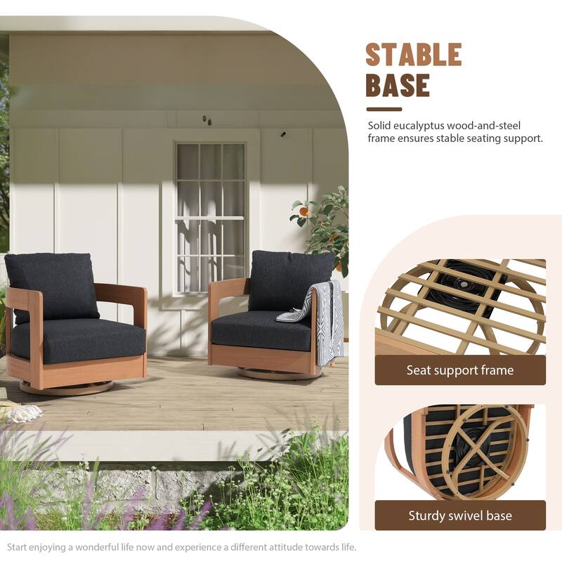 Outdoor Swivel Chair Conversation Set 360-Degree Solid Wood Eucalyptus