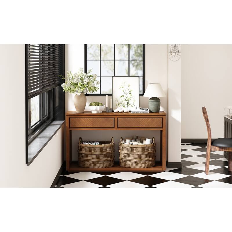 Rustic Wooden Console Table with Drawers and Shelf