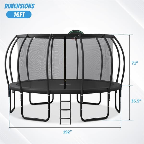 dimension image slide 1 of 4, 12/14/15/16FT Outdoor Kids Trampoline with Enclosure, Basketball Board