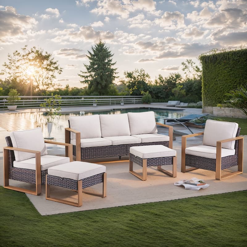 Gymojoy Outdoor Furniture Sofa with Patio Chair Ottomans - Brown - Brown - Beige