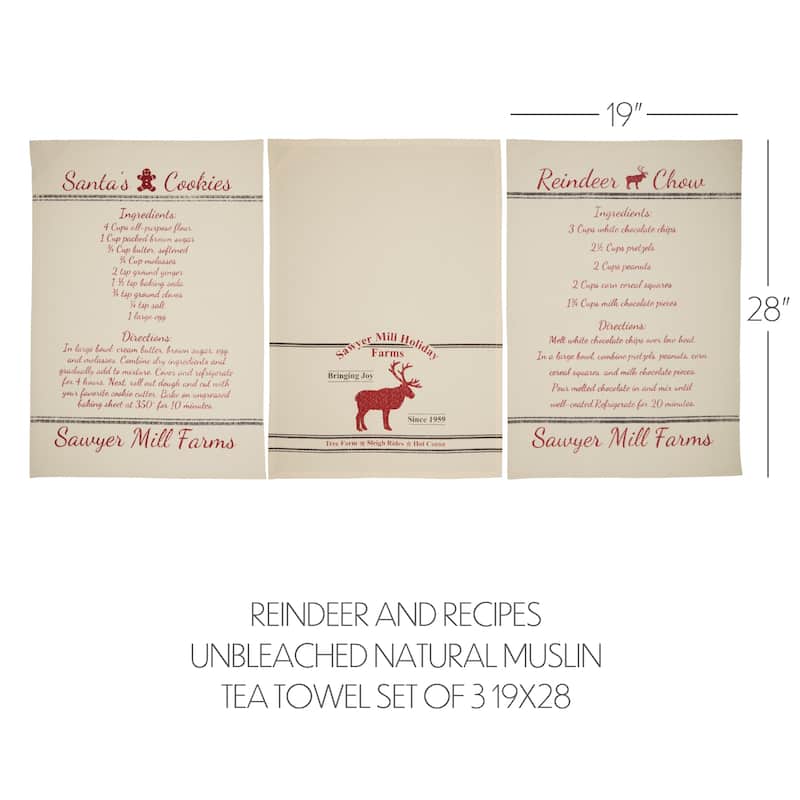 Sawyer Mill Holiday Reindeer And Recipes Tea Towel Set of 3 19x28 - Tea Towel 28x19