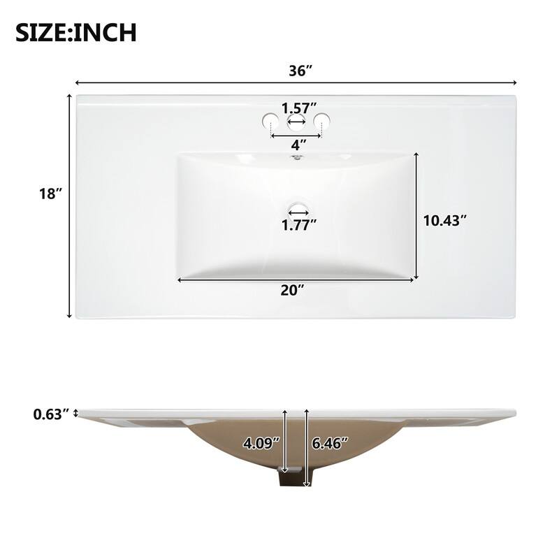 36" Shaker-Style Bathroom Vanity – Freestanding Cabinet with Ceramic Sink, 4 Soft-Close Drawers & 2 Doors‌