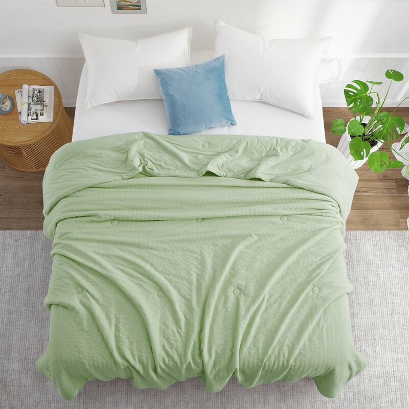 Lightweight Cooling Reversible Bed Blanket, Breathable Seersucker Comforter for Hot Sleepers