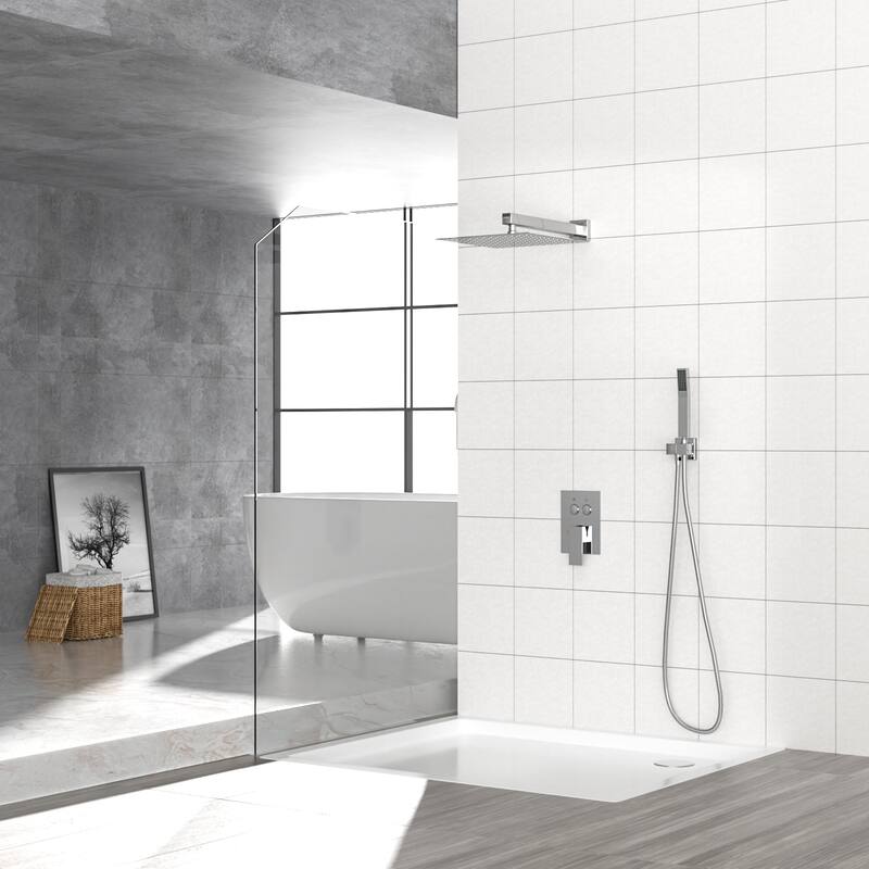 Dual Shower Head - 10 Inch Wall Mounted Square Shower System with Rough-in Valve, Brushed Nickel