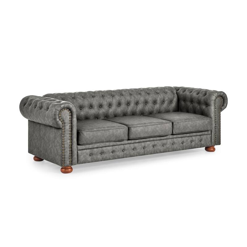 Chesterfield PU Upholstered Sofa, Button Tufted Sofa with Scrolled Arms, 3-Seater Deep Seat Sofa with Nailhead Trim & Wood Legs