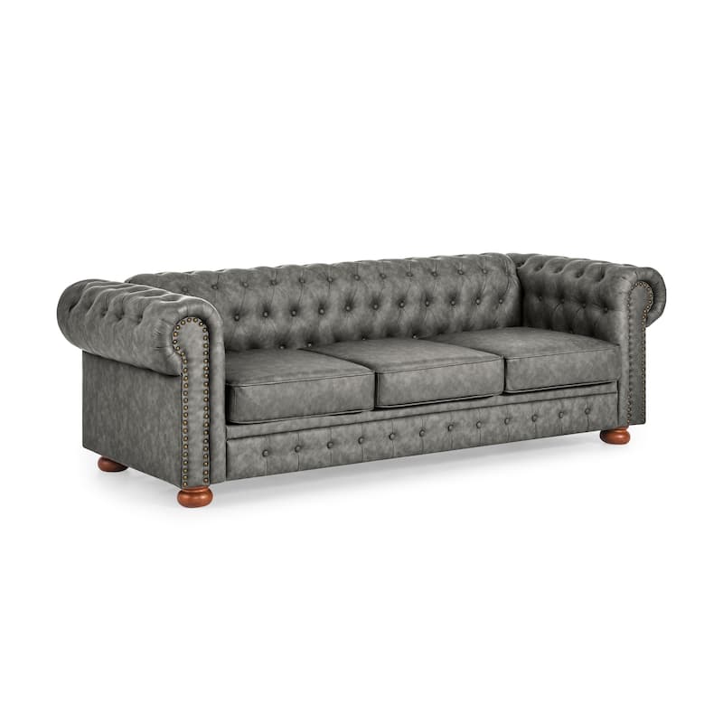 Roomfitters Chesterfield Tufted Linen Upholstered 3-Seater Sofa with Scrolled Arms and Nailhead Trim