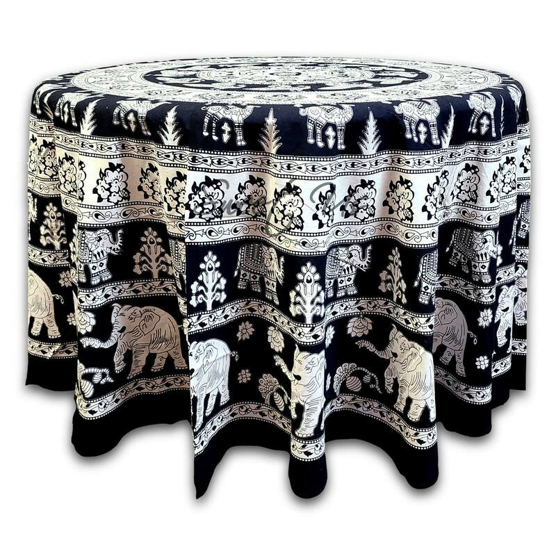 Cotton Palatial Elephant Floral Tablecloth Round - 90-in Round - Black