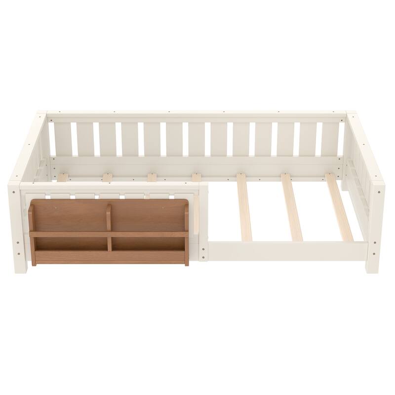 Montessori Floor Bed Low Profile Kids Bed with Rails & Bookshelf
