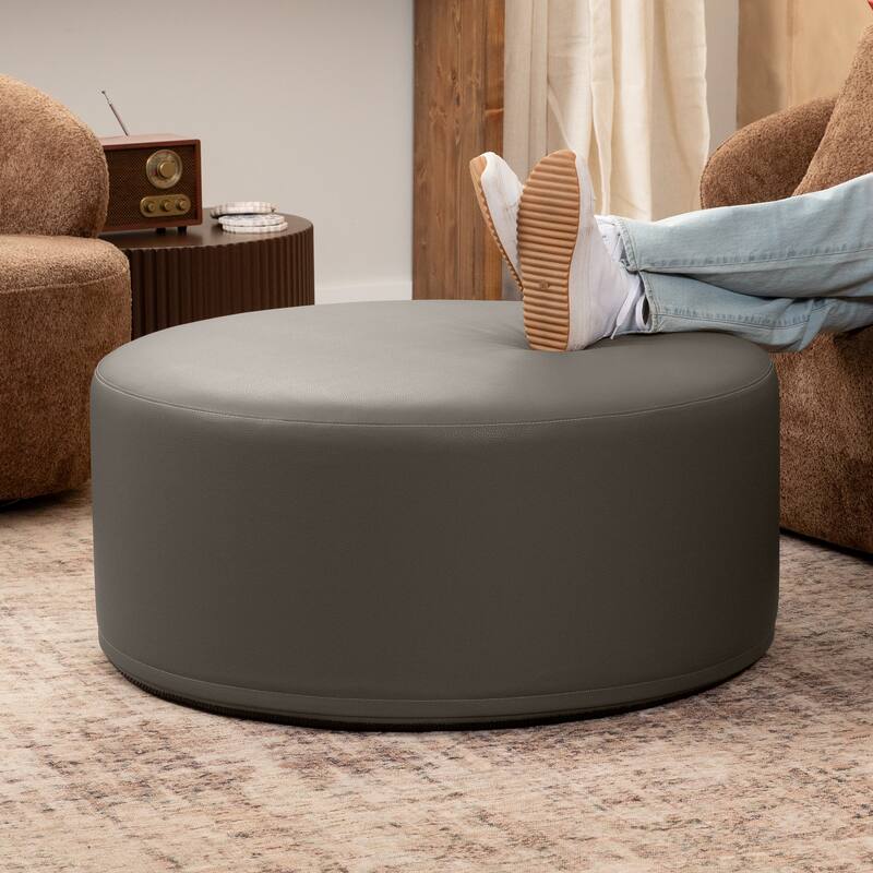 Jaxx Candler Round Couch Ottoman Large Coffee Table & Foot Rest - 36 Inch - Vegan Leather Gunmetal