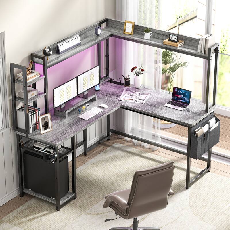 L Shaped Desk with Full Hutch and Power Hub, Corner Desk Computer Desk Office Writing Desk
