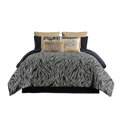 8 Piece Queen Comforter Set with Animal Print, Black and Gold